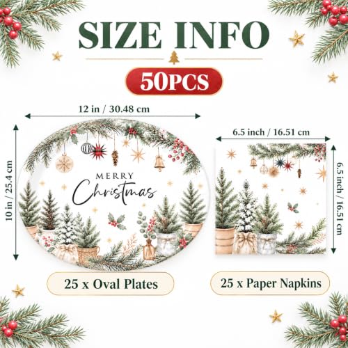 Xmas 50-Piece Oval Plates & Napkins Set, 12" Dinner Plates + 6.5" Napkins, Boho Christmas Tree Design, Recyclable