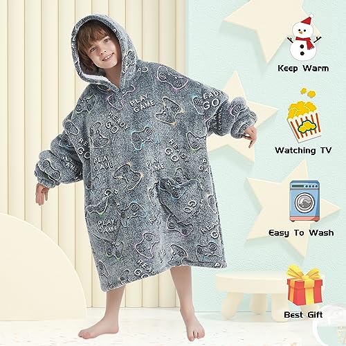Kids Wearable Blanket Hoodie Oversized Sherpa Sleepwear for Boys Girls Teens 6-13YR, Glow in The Dark Game Controller Design - Mewkou