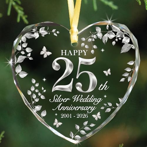 25th Wedding Anniversary Crystal Heart Ornament Silver Milestone Keepsake