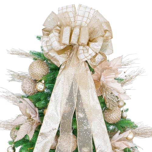 Champagne Gold Christmas Tree Topper Bow with Glitter Mesh Streamer 40in - 12in Diameter, Circle Variation