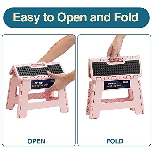 9 Inch Folding Step Stool with Handle - Non-Slip Plastic Stool (Pink)