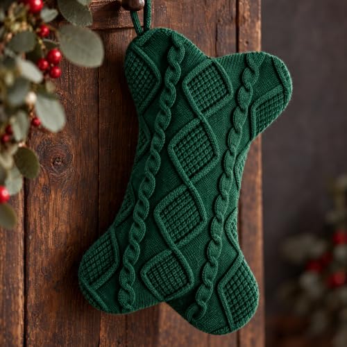 Bone-Shaped Dog Christmas Stocking 3-Pack with Cable Knit, Large 16.5 x 9.6 in