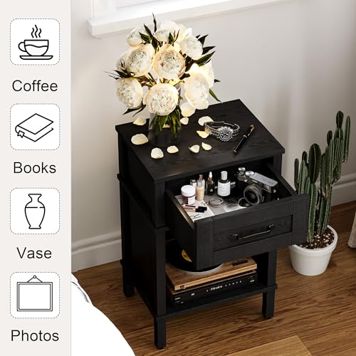 Modern Black Nightstand with Drawer - Small Wooden Bedside End Table