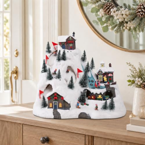 VCUTEKA Alpine Village Christmas Village Scene with Rotating Train & Skaters - Holiday Decor