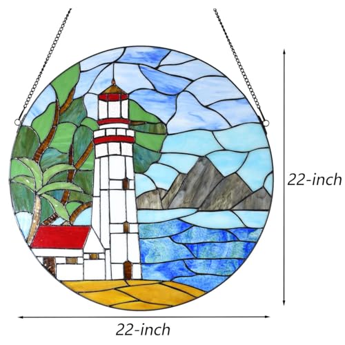 Tiffany-Style Stained Glass Lighthouse Window Panel - 22-Inch Round