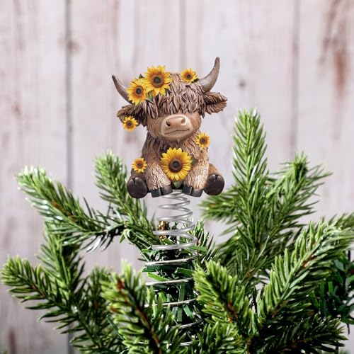 Sunflower Highland Cow Miniature Tree Topper - 5.1" Resin Spring Base Decor