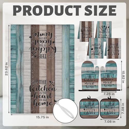8-Piece Teal Rustic Kitchen Decor Set with Towels, Oven Mitts & Pot Holders