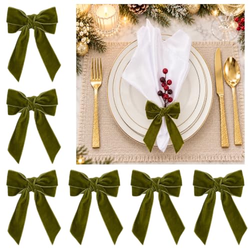 APTWOW Grass Green Velvet Bow Napkin Rings Set of 6 for Christmas Table