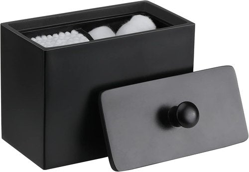 Luxspire Cotton Swab Holder - Stylish Qtip Dispenser with Lid & 2 Compartments | Matte Black Bathroom Organizer
