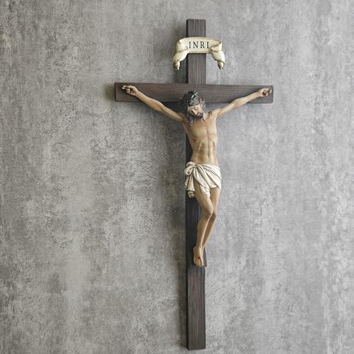 10-Inch Wall Crucifix, Handpainted Stone Resin Jesus Christ Wall Cross