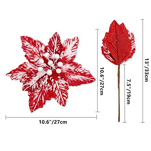 10 Pcs Snow Poinsettia Stems 10.6" Christmas Flowers Red & White - FuleHouzz