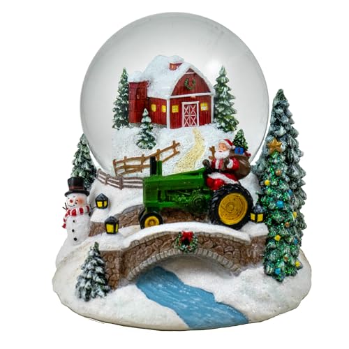 Musical Christmas Snow Globe with Barn, Tractor & Santa - 6 Inch Decor