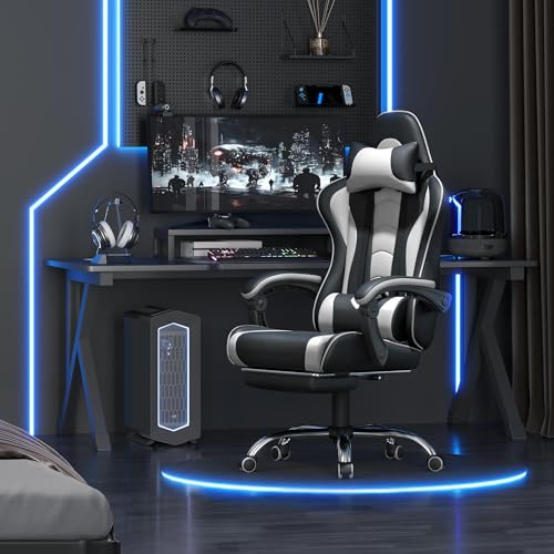 Ergonomic Gaming Chair with Massage Lumbar Pillow and Retractable Footrest