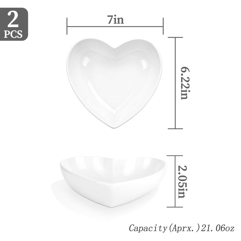 WHJY Set of 2 Porcelain Heart Shaped Bowls, 7 inches White Ceramic Dish Set for Valentines Day, Salad, Fruit, Cereal and Appetizer