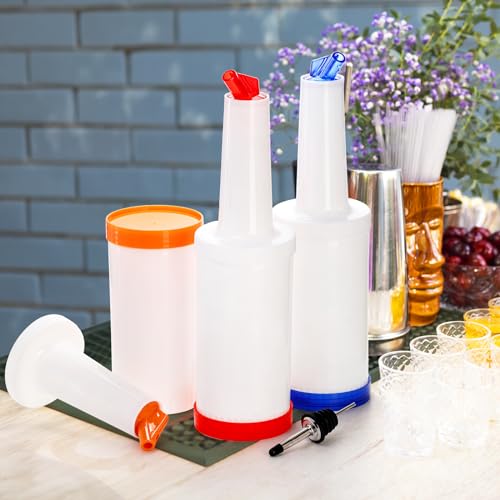 6 Pack Plastic Juice Dispenser Bottles with Stainless Steel Pourers, 34 OZ Bar & Home Kitchen Liquor & Juice Storage