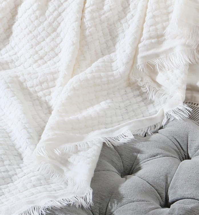 Boho Knitted Throw Blanket with Tassels, Soft Geometric Cream Throw 50x60