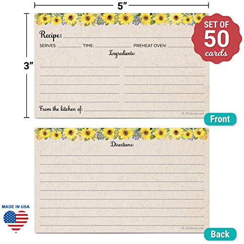 3x5 Sunflower Recipe Cards Set of 50 - Small Tan Kraft Kitchen Notes