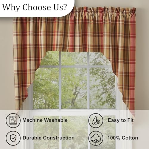 Cotton Plaid Window Swag Pair 72" x 36" Farmhouse Rod Pocket Valance