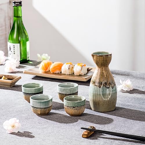 UNICASA Light Brown Japanese Sake Set of 5 - Ceramic Cups & 210ml Sake Bottle