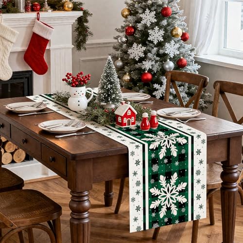 OTOSTAR Buffalo Plaid Snowflake Green Table Runner 13x48in – Christmas Kitchen Decor, Indoor Outdoor