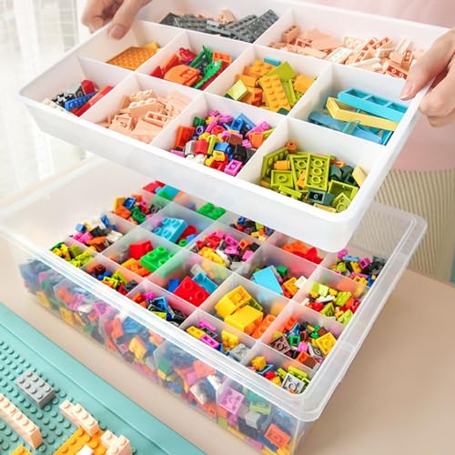 Stackable Toy Storage Organizer Box with Building Plate Lid and Removable Tray
