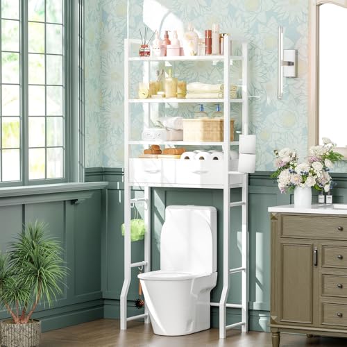 4-Tier Over The Toilet Storage Shelf with Drawers and Metal Hooks, White