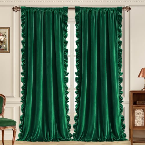 Likiyol Green Velvet Curtains for Living Room 84 Inch Pack of 2 Blackout Ruffle Drapes with Tiebacks, Thermal Insulated Window Panel Darkening Curtains 52" W x 84" L