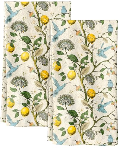 100% Cotton Flour Sack Kitchen Towels, Lemon Birds Print, 18"x26", Set of 2