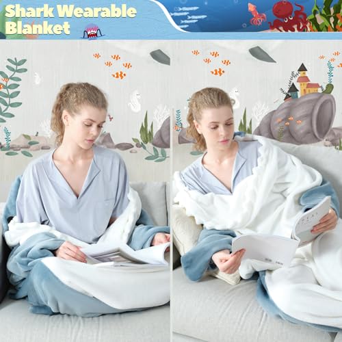 Soft Shark Wearable Blanket Hoodie - Cozy Flannel Shark Sleeping Bag