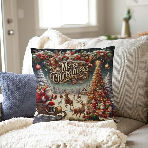 2 Pack 16x16 Inch Merry Christmas Santa Reindeer Snowflake Pillow Covers - Home Decor Cushion Cases for Sofa Bed Living Room