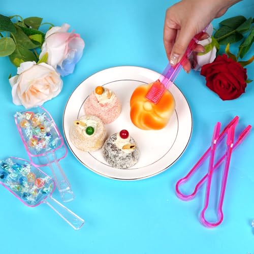 Hmxpls 12Pcs Clear Pink Plastic Ice Tongs & Scoops Set for Food & Candy Buffets