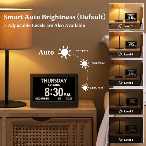 Flyruit 7'' Black Dementia Clock for Seniors Large Display Digital Calendar