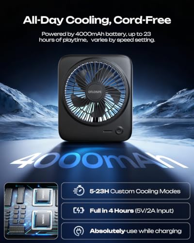 Portable Desk Fan 4000mAh Rechargeable Small Table Fan Quiet 4-Speed Black