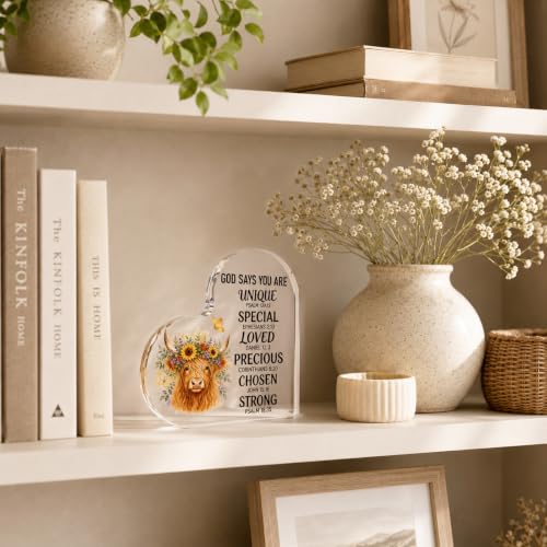 Christian Highland Cow Decor Gift for Women - Rustic Faith Message Plaque
