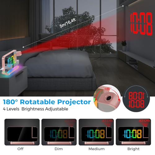 Digital Projection Alarm Clock with RGB Night Light and USB C Charging Port