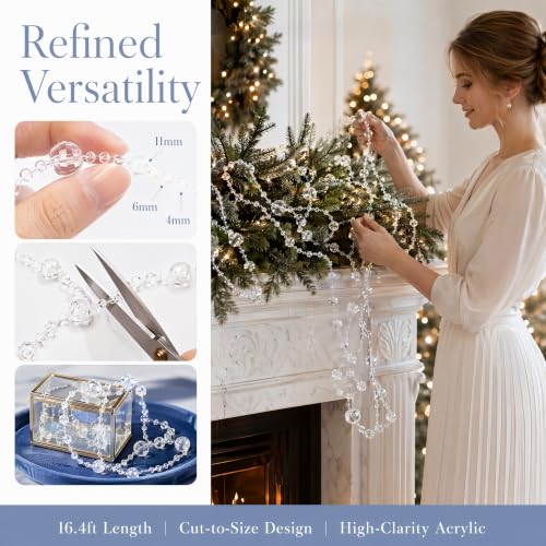 Clear Acrylic Pearl Garland - Sparkling Beaded String for Wedding & Christmas Decor, 16ft (GLIVONAXIS)