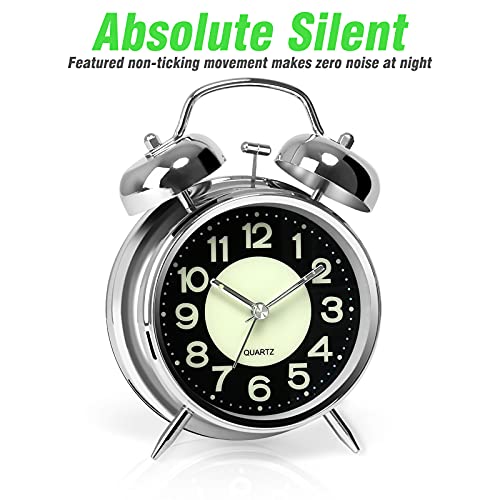 Loud Twin Bell Alarm Clock for Heavy Sleepers - 4.5" Retro Silent Metal Clock