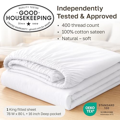 California Design Den King Fitted Sheet - 100% Cotton 400 TC Sateen