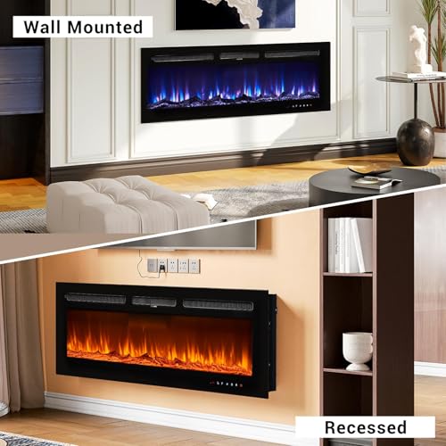 50 Inch Electric Fireplace Recessed and Wall Mounted with Remote Control