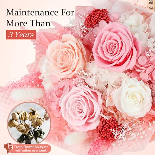 Preserved Pink Roses Bouquet with Vase & Gift Box - Real Forever Flowers