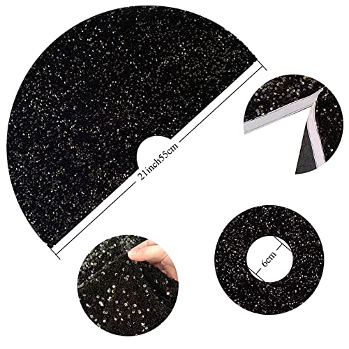 Black Sequin Velvet Christmas Tree Skirt - 21 Inch Small Holiday Tree Mat