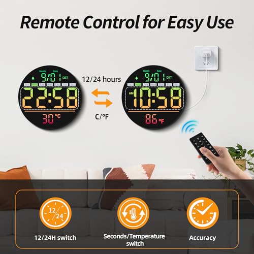 8-Inch LED Digital Wall Clock with Remote, RGB Color Display and Timer