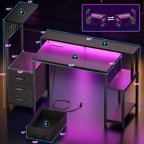 48" Gaming Desk with LED Lights, Power Outlets, Storage Drawers & Monitor Stand