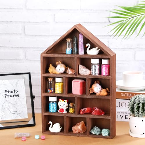 House Shaped Wooden Shadow Box, 11-Compartment Wall Mounted Display Shelf
