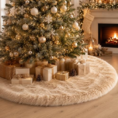 Beige Faux Fur Christmas Tree Skirt 48 Inch Plush Holiday Decoration