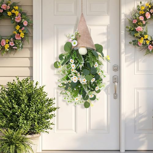 Daisy Gnome Hanging Swag, 24-Inch Floral Burlap Spring Door Decoration