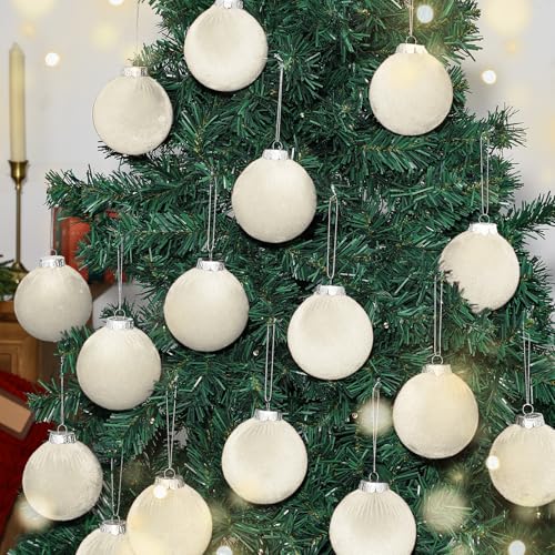 Cream White Velvet Christmas Ornaments 3.14 Inch, Set of 16 Holiday Tree Decorations