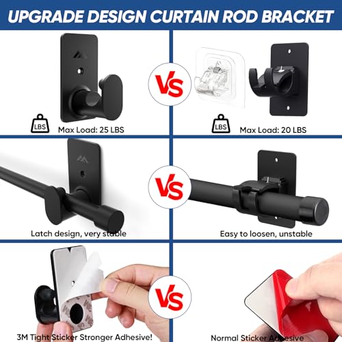 No Drill Curtain Rod Brackets for 5/8 Inch Rods, Adhesive Wall Hooks (4 Pack)
