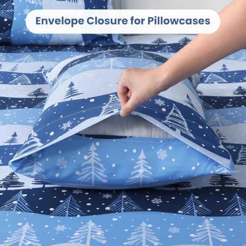 Mooreeke King Snowflake Microfiber Bed Sheet Set - Blue Winter Print