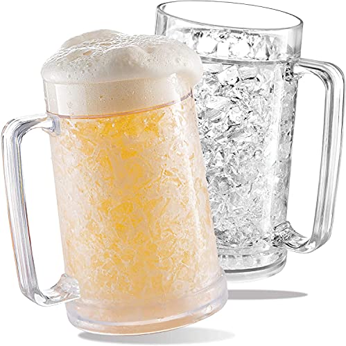 Double Wall Insulated Freezer Beer Mugs, 16 oz Cooling Gel Glasses - 2 Pack